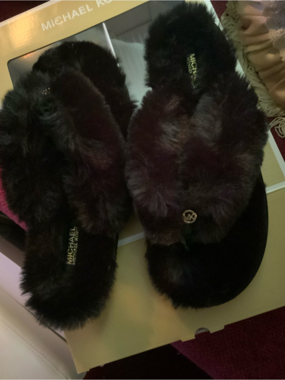 Michael Kors Black Faux Fur Slide Slippers with Gold MK Logo